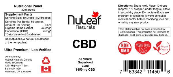 Nuleaf Canada 1450mg CBD (30ml) Bottle